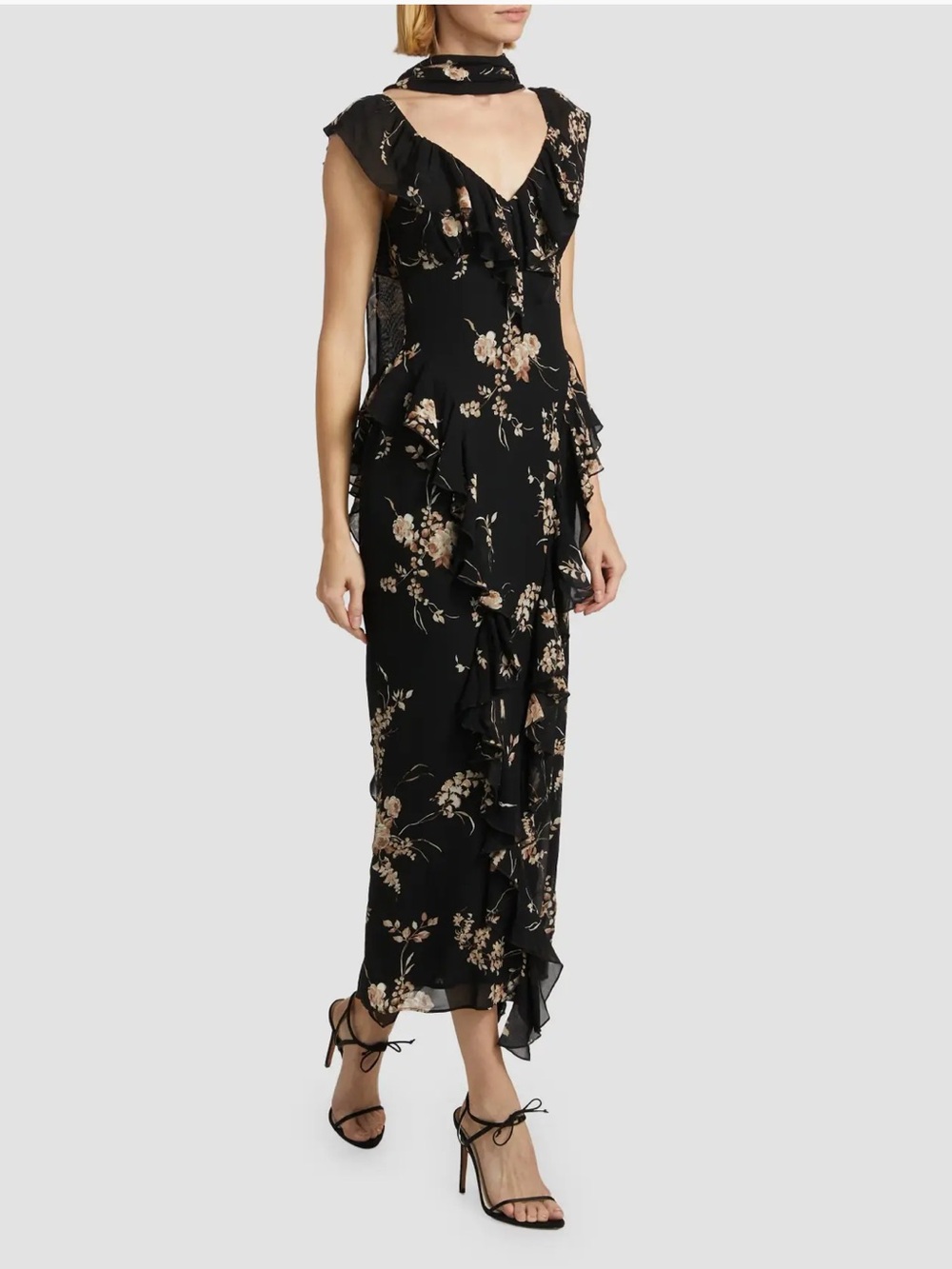 Reformation Black Floral Ruffle-Trim Maxi Dress